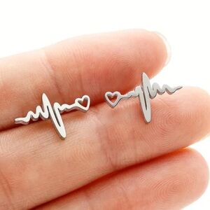 Heart Heartbeat Silver Toned Stud Earrings